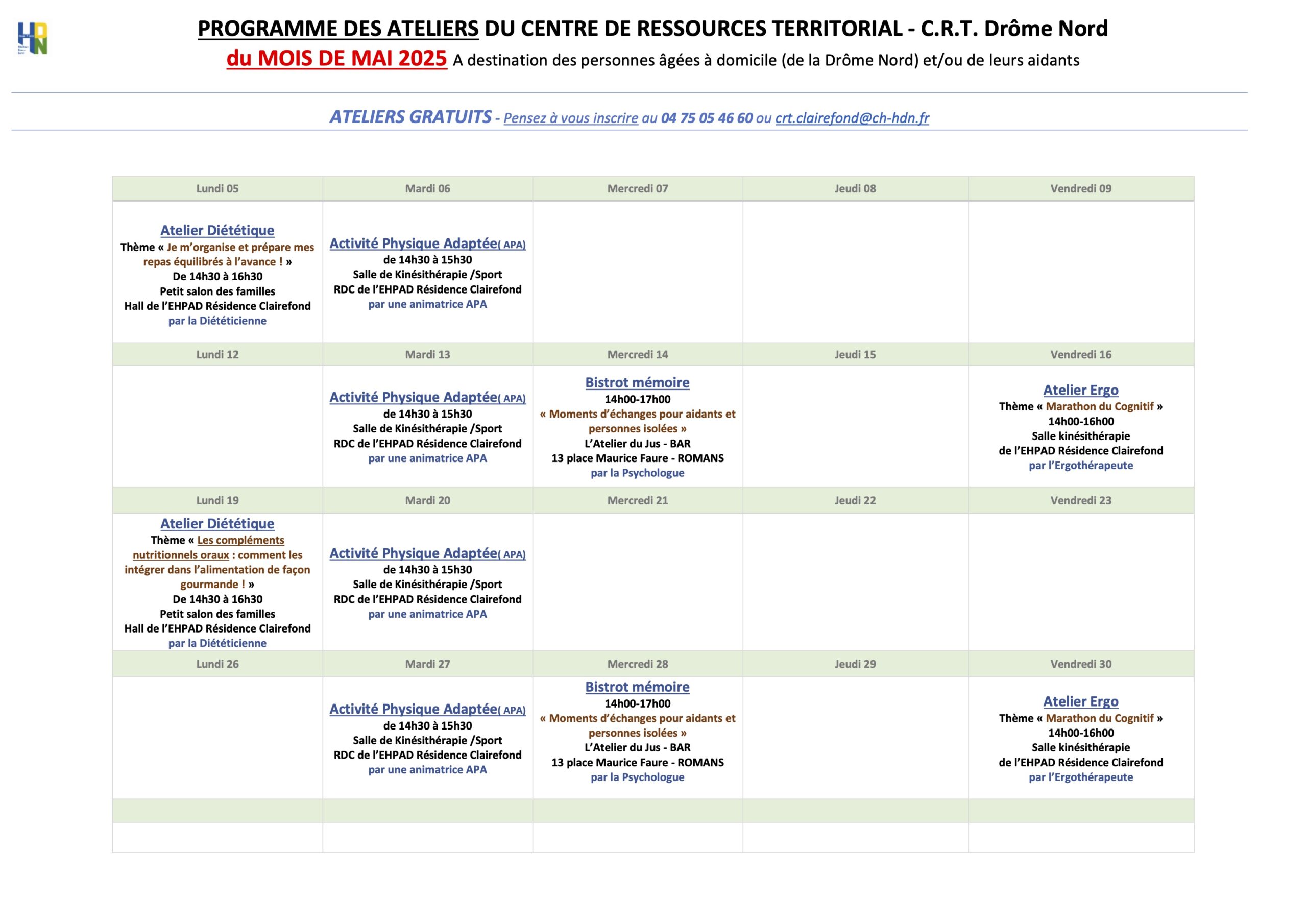 Calendrier Ateliers Mai 2025
